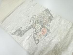 リサイクル　地紙に孔雀・牡丹・菊模様刺繍名古屋帯